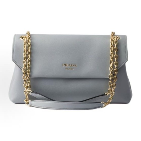 PRADA Doux Doux embossed letter logo magnetic clasp opening and closing calfskin crossbody single-shoulder bag, medium size for women, sky blue